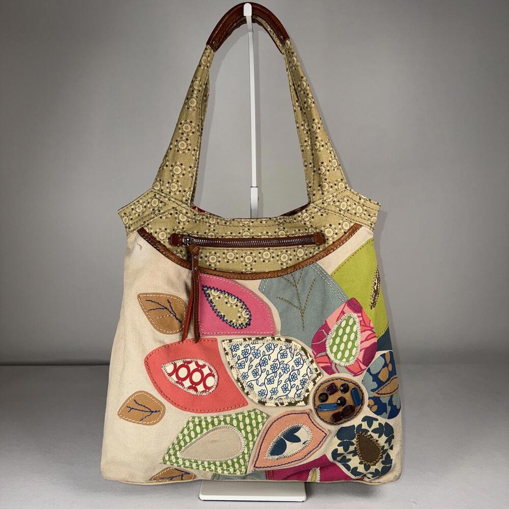 Fossil Patchwork Canvas Shoulder Bag W/Leather Tr… - image 1